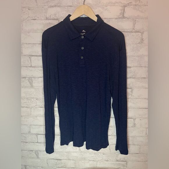 Tommy Bahama Men's Large Long Sleeve Blue Striped Polo Shirt Lyocell and Cotton - Picture 1 of 6